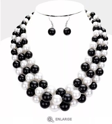 #ad Long Big Black White Pearl Multi Strand Layered Bead Chunky Jewelry Necklace Set $16.00