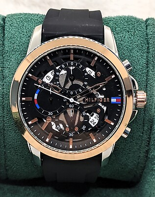 #ad Tommy Hilfiger Rotating Calendar Chronograph Black Dial Quartz Men#x27;s Wrist Watch $44.99