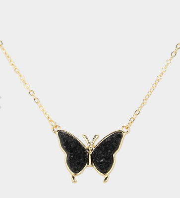 #ad NWT night black druzy butterfly pendant necklace 16” 2” extender. $16.00