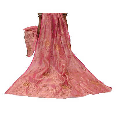 #ad Sanskriti Vintage Pink Dupatta Tissue Hand Embroidered Wrap Zardozi Stole $95.00