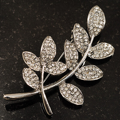 #ad Delicate Clear Crystal Leaf Brooch Silver Tone Metal GBP 15.90