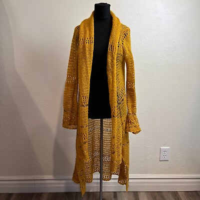 #ad Lucky Brand Yellow Crochet Knit Wool Blend Open Front Boho Duster Cardigan S $24.99