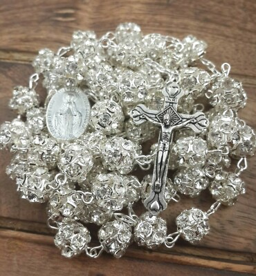 #ad White Clear Zircon Crystal Beads Rosary Catholic Necklace Miraculous Medal Cross $21.30