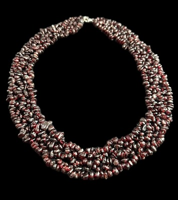 #ad Necklace 925 Three Strand Garnet Cluster Bead Heavy 21 Inches Fine Jewelry $121.50