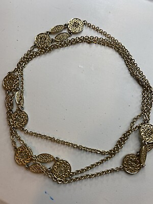 #ad 2.251 Vintage long necklace in gold tone with filigree inserts $36.00