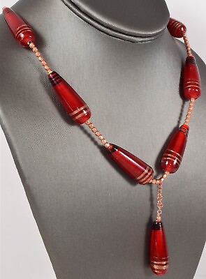 #ad 20quot; Vintage Red Art Glass Teardrop Shape Beaded Necklace amp; Earring Jewelry Set $36.00