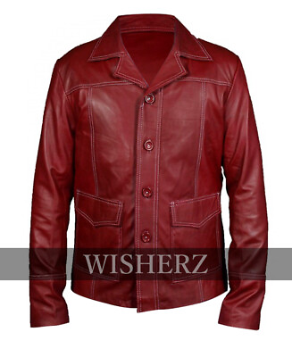 #ad Fight Club Jacket FC Brad Pitt Red Leather Coat Faux amp; Real Sheep All Sizes $51.50