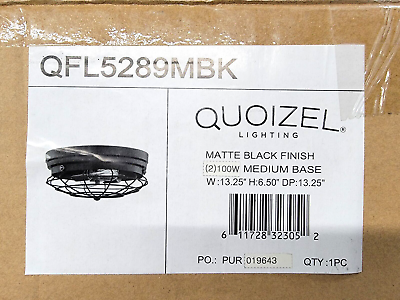 #ad Quoizel Flush Mount 2 Light 100W Flush Mount Matte Black QFL5289MBK 13.5quot; New $199.99