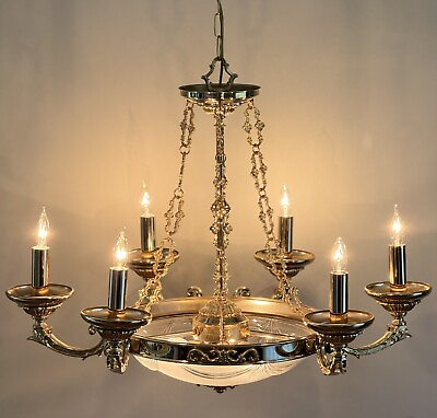 #ad #ad Vintage French Regency Brass Chandelier Frosted Bowl Ornate 9 Lights 2 Available $2495.00