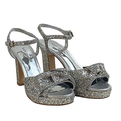 #ad Kate Spade Silver Glitter Bow Miya Platform Open Toe Heels Silver Size 6 NWOB $45.49