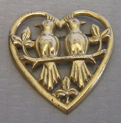 #ad retro VERMEIL LOVEBIRDS OPEN HEART PIN gold washed stamped STERLING 40s vtg $18.95