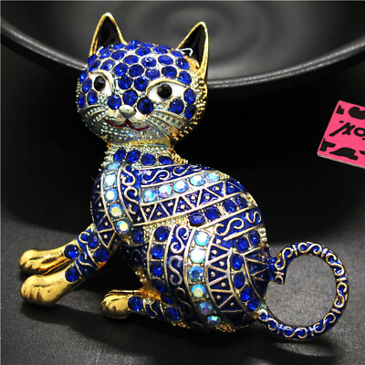 #ad New Blue Bling Cute Cat Animal Crystal Lady Fashion Charm Women Brooch Pin $3.86