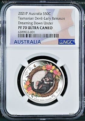 #ad 2021 Dreaming Down Under TASMANIAN DEVIL Silver Proof NGC PF70 1 2oz Coin ER $99.99