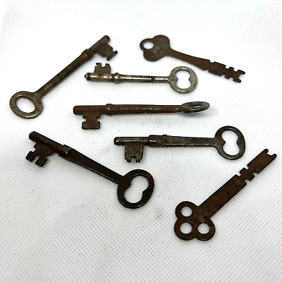 #ad Lot of 7 vintage Antique SKELETON Keys coupled marked 2 flat ones $19.99