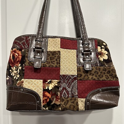 #ad Vintage Relic Patchwork Flower Boho Handbag Handcrafted Brown Zipper Purse $28.97