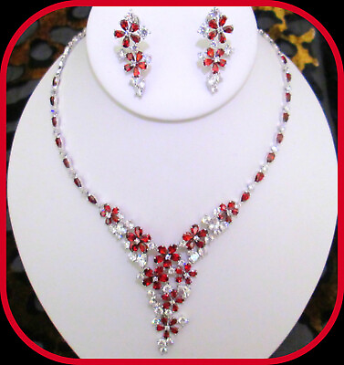 #ad GARNET DEEP RED GEMSTONE 18K GOLD FILLED LADIES NECKLACE EARRING SET PARTY $137.00