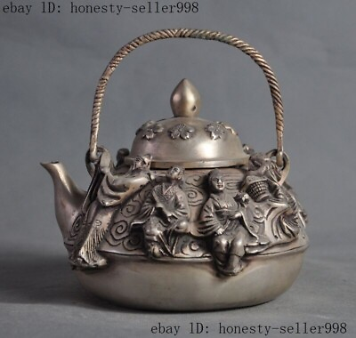 #ad Old Chinese Silver myth Eight Immortals 8 God statue Wine Tea Pot Flagon Kettle $84.00