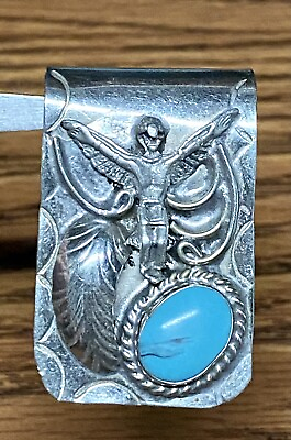 #ad Vintage Mexico Men’s 1ct Lab Turquoise Heavy Sterling Silver Money Clip 21.5g $55.00