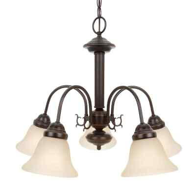 #ad SATCO 5 Light Mahogany Bronze Chandelier w Champagne Linen Washed Glass Shade $164.95