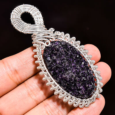#ad Black Druzy Handmade .925 Silver Plated Wire Wrapped Pendant 3quot; GSR 3097 $16.90