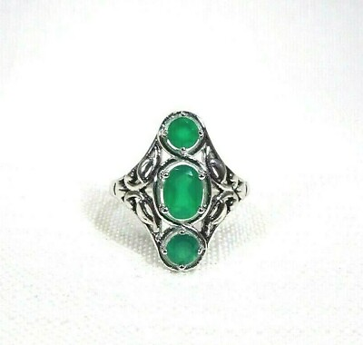 #ad 1.15 ct Natural Green Agate Solid Sterling Silver Filigree Ring Size 8 AU $119.00