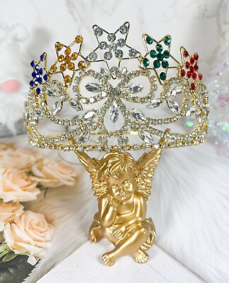 #ad Star Shaped Rhinestone Gold Crown Bridal Rainbow Crystal Crown Tiara Headdress $39.99