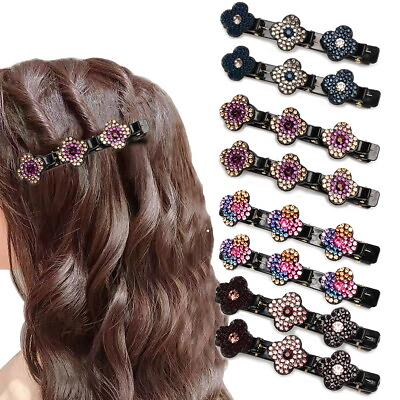 #ad 8 PCS Sparkling Crystal Stone Braided Hair Clips Satin Rhinestone Fabric Bands $8.61