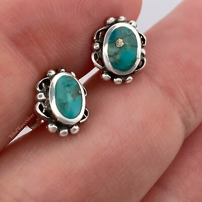 #ad Turquoise Sterling Silver Stud Earrings 925 Simulated Oval 9.4 mm USA $17.00