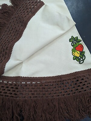 #ad 60quot; Round Vintage 70#x27;s Linen Tablecloth w Brown Fringe Embroidered Strawberries $35.00