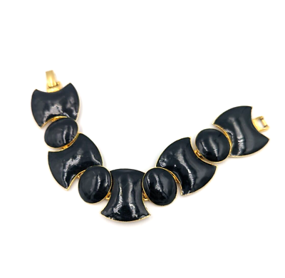 #ad Goldette NY Dark Navy Blue Black Enameling Bracelet Vintage Gold Tone Marked $55.00