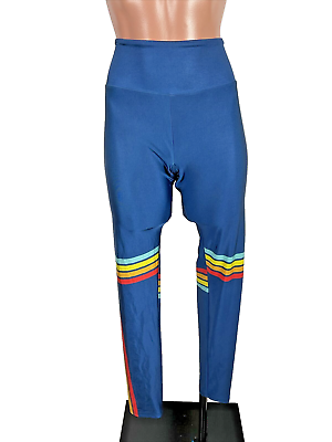 #ad GOLDSHEEP Blue Arched Rainbow Stripe Shiny Leggings Size XL $35.00