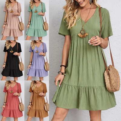 #ad Womens Short Sleeve V Neck Mini Dress Ladies Pleated Ruffle Baggy Solid Dresses‹ $16.41