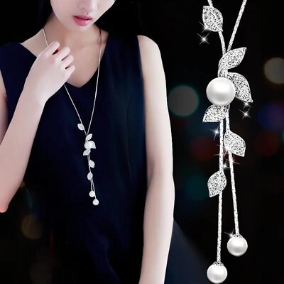 #ad Classic Leaf Pendant Necklace Faux Pearls Long Chain Sweater Necklace Gift New $15.98