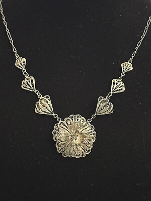 #ad Mexican Silver Floral Filigree Necklace Vintage $230.00