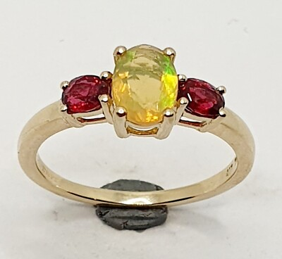 #ad 9ct Yellow Gold Three Stone Yellow Imitation Opal and Ruby Ring Size N GBP 115.00