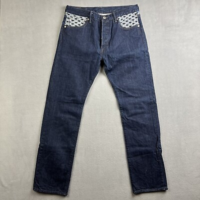#ad Levis 501 Jeans Mens 32x32 Blue Denim Dark Wash Embroidered Pattern Button Fly $30.00