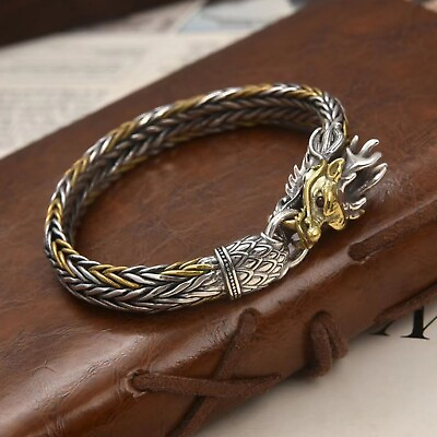 #ad Real 925 Sterling Silver Bangle Men 9mm Dragon Foxtail Braided Bracelet 48.5g  $145.73
