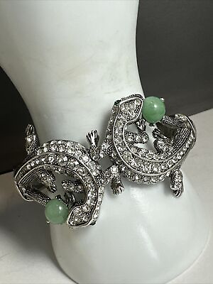 #ad Large Silver Toned Double Gecko Green Glass Bracelet Hinged $53.10
