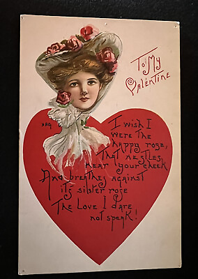 #ad HBG Valentine Pretty Victorian Lady on Heart w. Hat Roses Antique Postcard c852 $8.99