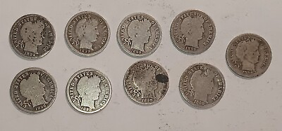 #ad Lot of 9 BARBER SILVER DIMES 1898 x4 and 1899 x5 $39.00