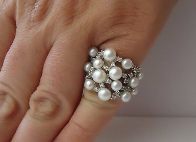 #ad 925 STERLING SILVER PEARL RING W 1 CT LAB DIAMONDS amp; WHITE PEARLS Size 5 6 $78.38