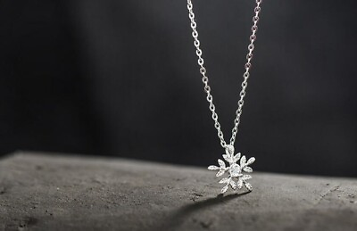 #ad Silver Frozen Snow Flake Pave Cubic Zirconia Flower Pendant Necklace $9.99