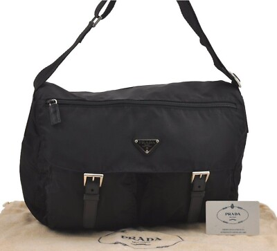 #ad Authentic PRADA VELA Nylon Tessuto Leather Shoulder Cross Bag Black W COA $450.00