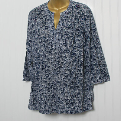 #ad Talbots Blue White Shell Print 3 4 Sleeve VNeck Side Slit Cotton Tunic Top Lg $25.99