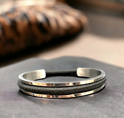 #ad Silver Shiny Bangle Bracelet with Black Felt Cord $7.50