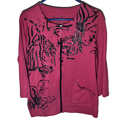 #ad Jacket Pink Size L Onque Casuals Vintage 1990s Black amp; Rhinestones Zip Up $16.00
