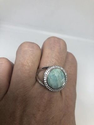 #ad Antique Deco Genuine Blue Amazonite Vintage 925 Sterling Silver Size 8.5 Ring $120.00