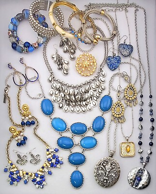 #ad 18Pc Silver amp; Gold Tone Blue amp; Yellow Mixed Jewelry Lot Vintage Now Wide Variety $30.00