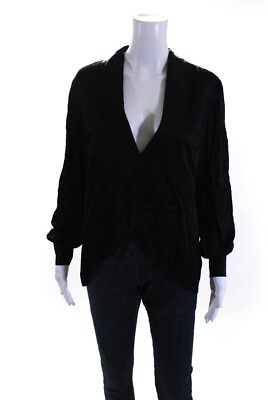 #ad Amanda Maria Womens Satin Collared V Neck Long Sleeve Blouse Top Black Size 8 $41.49