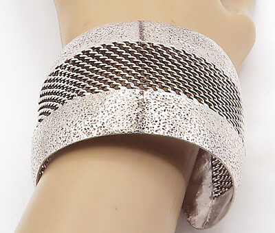 #ad 925 Sterling Silver Vintage Textured Modernist Twist Cuff Bracelet BT2787 $299.92